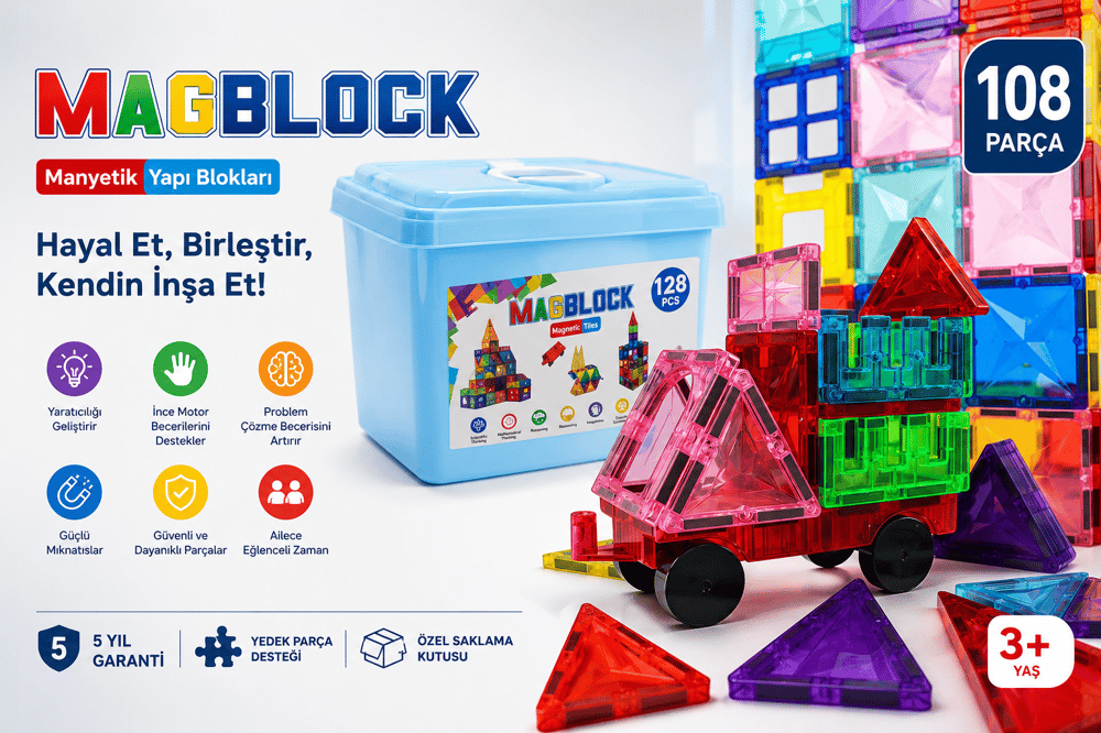 MagBlock 128 Parça Tamamı Mıknatıslı Yapı Blokları - Saklama Kutulu Oyuncak - 5 yıl Garanti - Eğitici Oyuncak