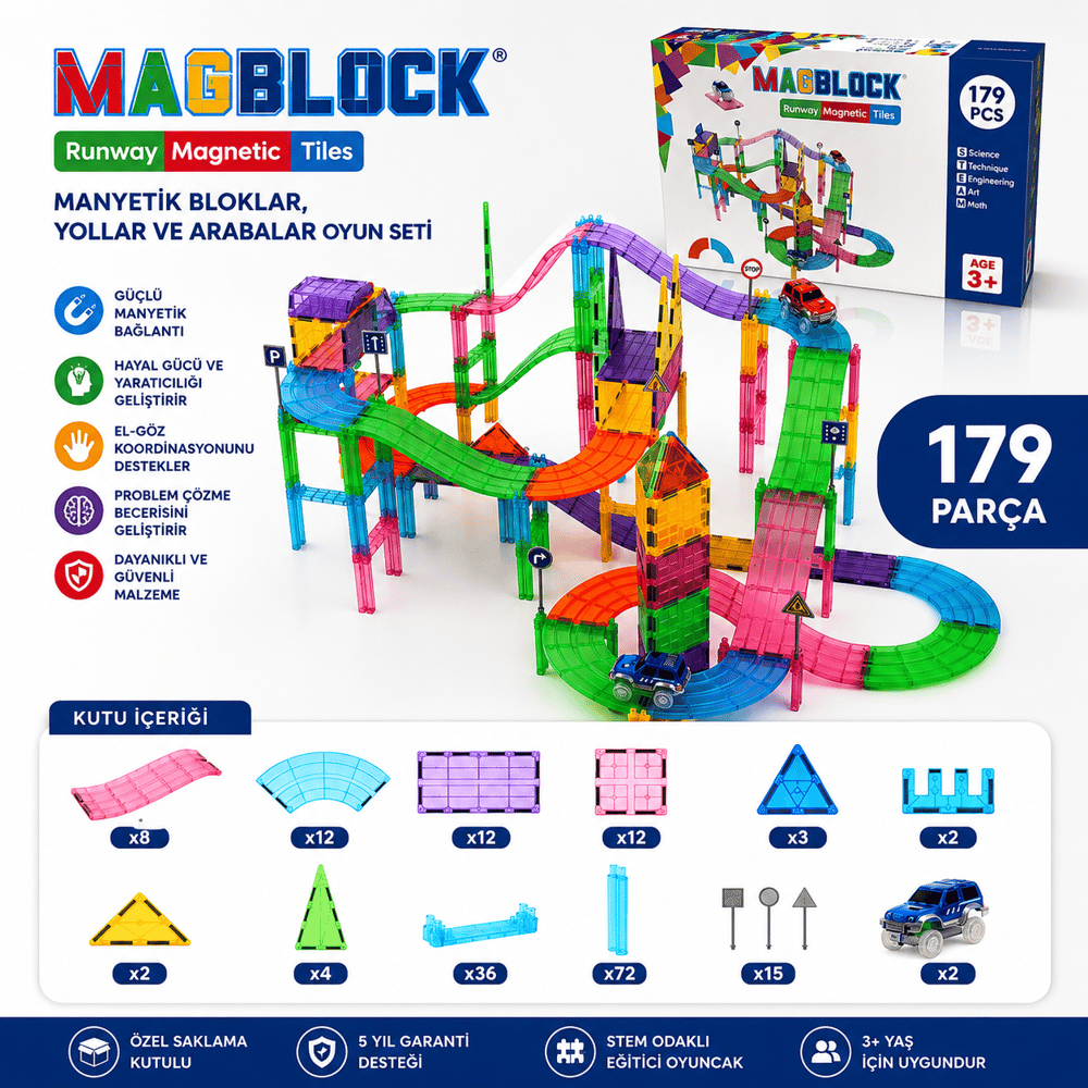 MagBlock 179 Parça Manyetik Yollar ve Arabalar Oyun Seti  - Eğitici Oyuncak