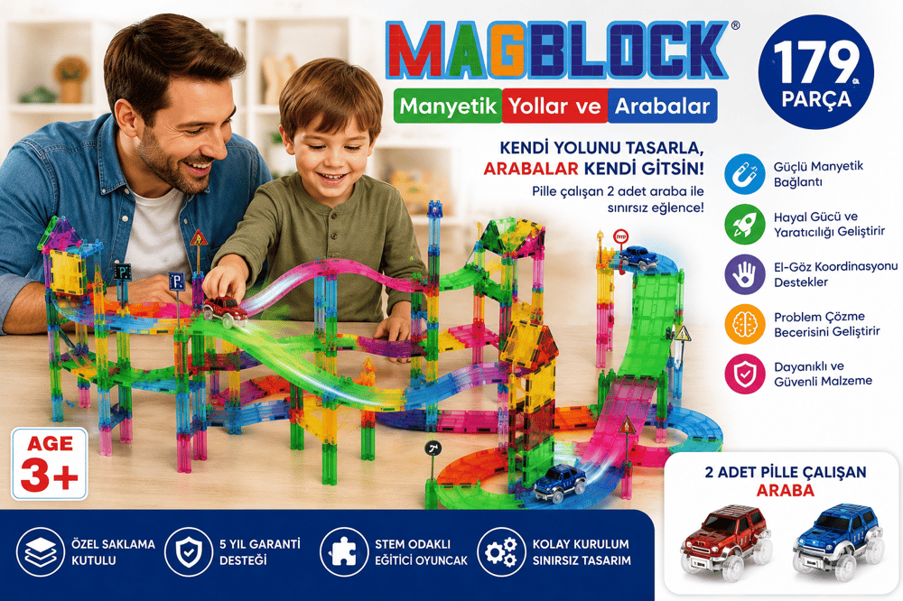 MagBlock 179 Parça Manyetik Yollar ve Arabalar Oyun Seti  - Eğitici Oyuncak