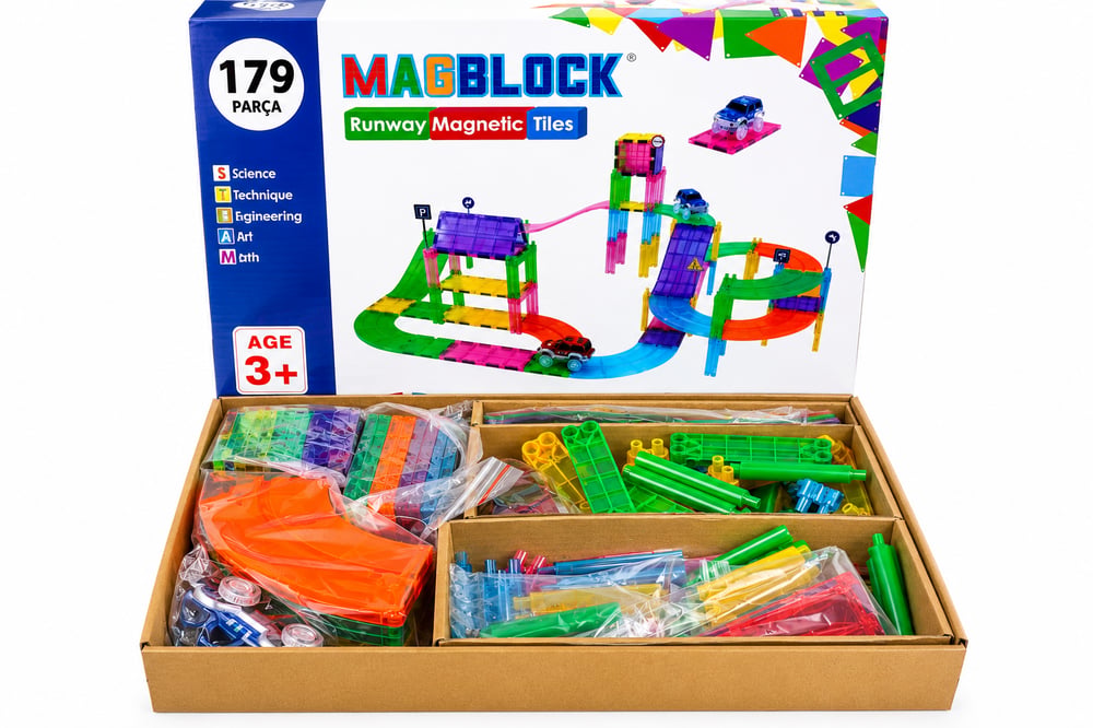 MagBlock 179 Parça Manyetik Yollar ve Arabalar Oyun Seti  - Eğitici Oyuncak