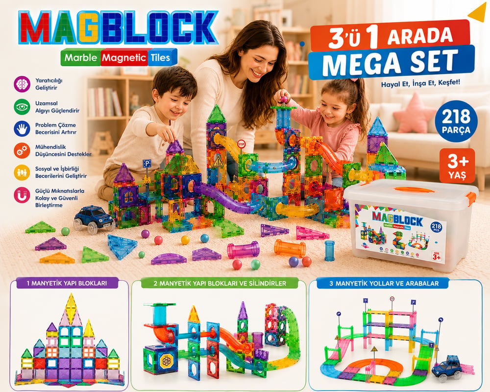 218 Parça Manyetik 3′ ü 1 Arada Oyun Seti. 3 Farklı Model Tek Set İçerisinde.