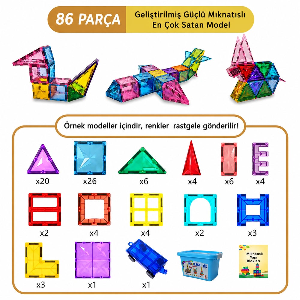 MagBlock 86 Parça Manyetik Yapı Blokları | Saklama Kutulu Eğitici Manyetik Oyuncak | 5 Yıl Garantili