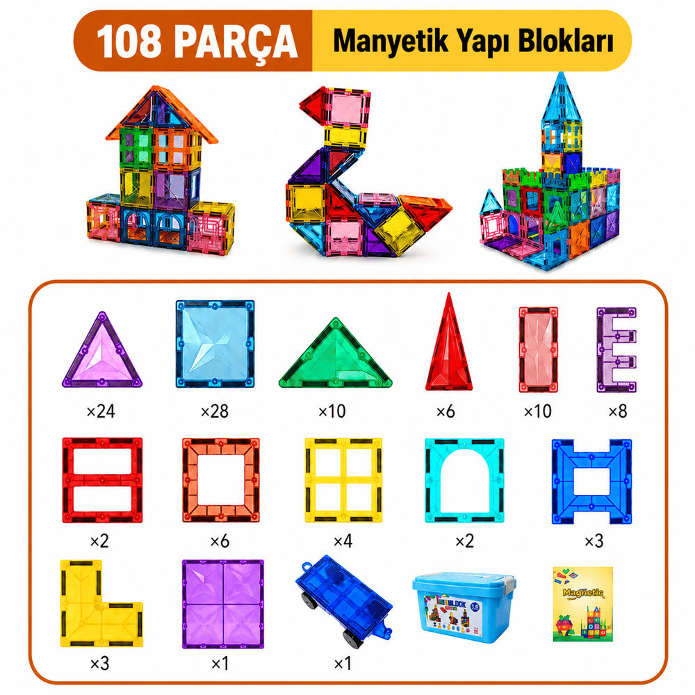 MagBlock 108 Parça Manyetik Yapı Blokları | Tamamı Mıknatıslı |  Saklama Kutulu Manyetik Oyuncak Seti | Eğitici STEM Oyuncağı |  5 Yıl Garanti