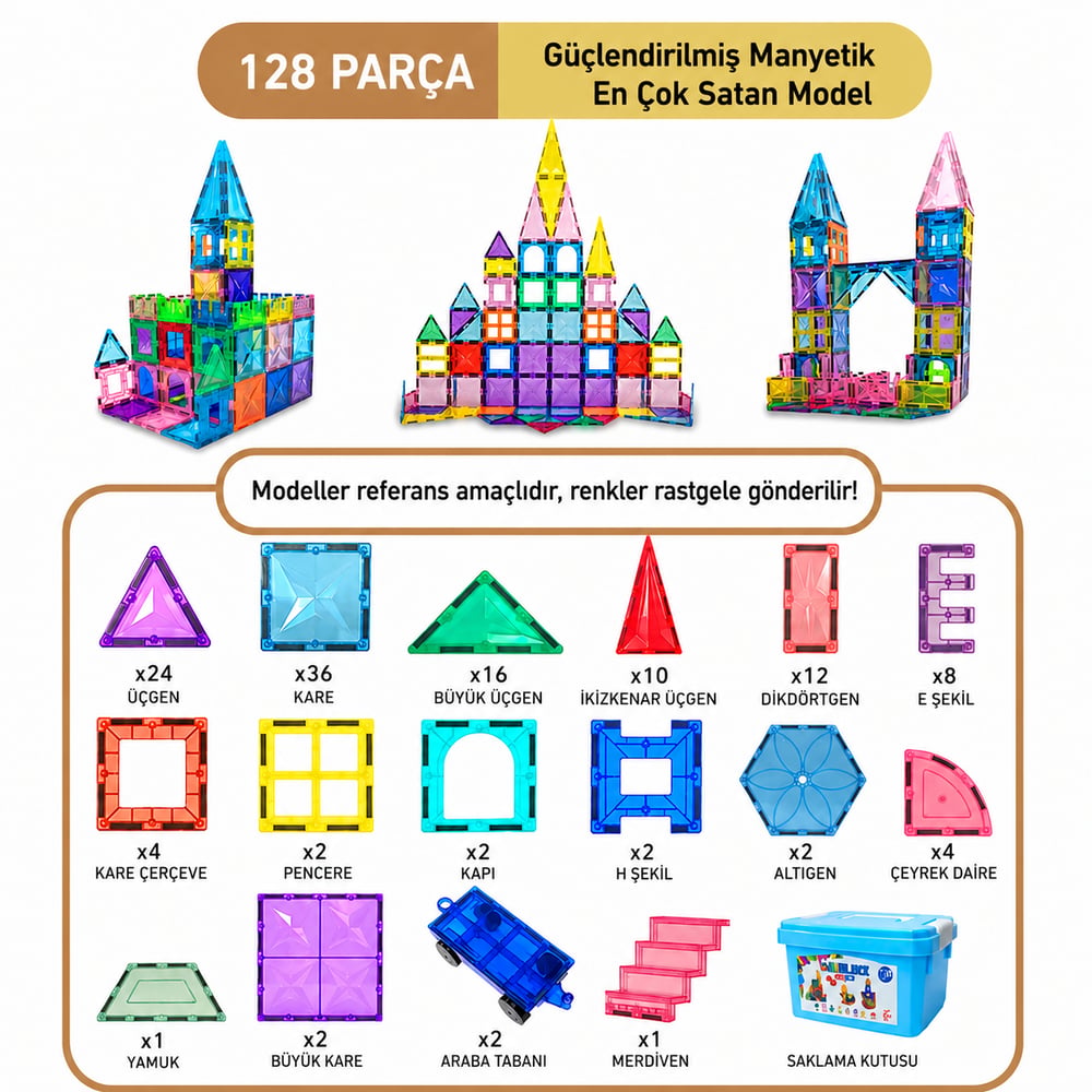 MagBlock 128 Parça Tamamı Mıknatıslı Yapı Blokları - Saklama Kutulu Oyuncak - 5 yıl Garanti - Eğitici Oyuncak