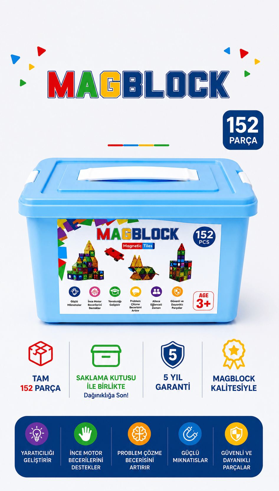 MagBlock 152 Parça Tamamı Mıknatıslı Yapı Blokları - Saklama Kutulu Oyuncak - 5 yıl Garanti - Eğitici Oyuncak
