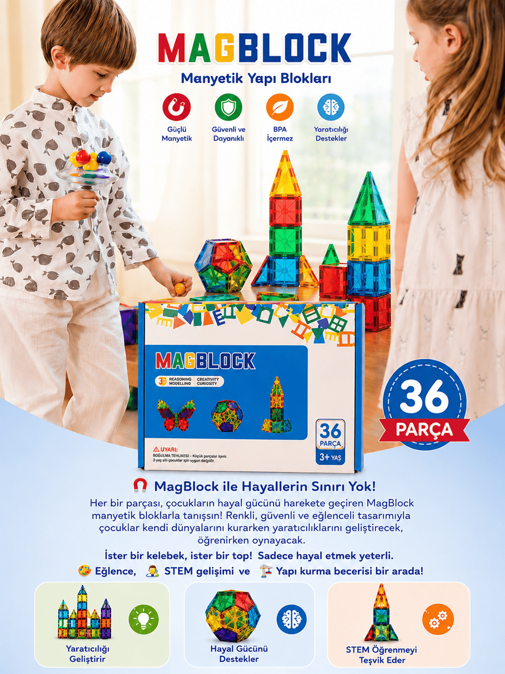 Magblock 36 Parça Manyetik Yapı Blokları - Tamamı Mıknatıslı - Destekleyici Set - Tüm modellerle uyumlu.