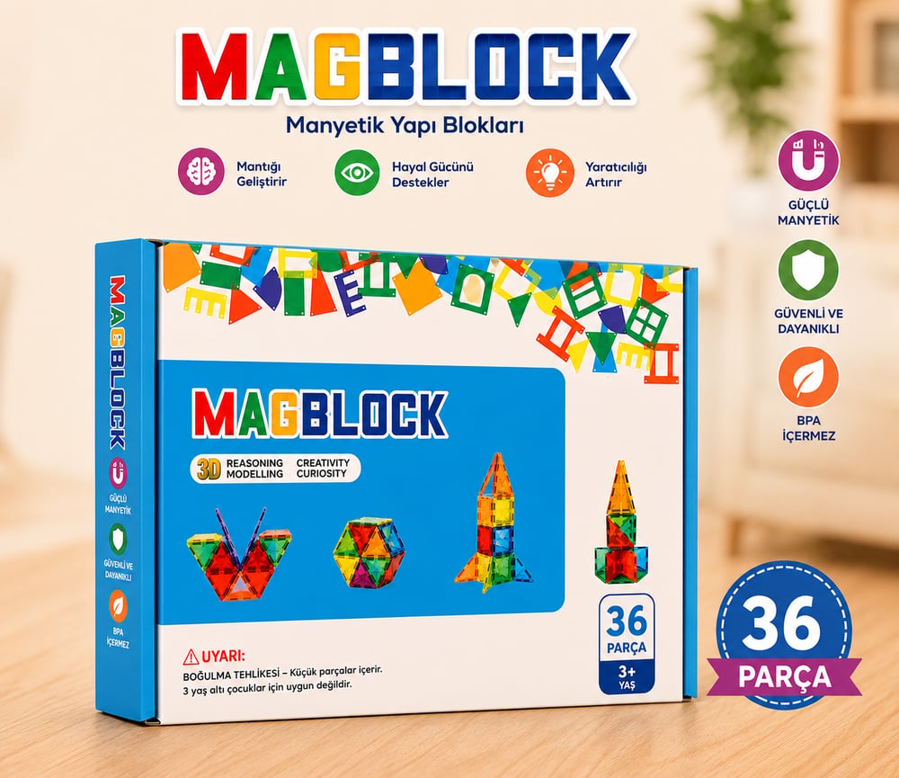 Magblock 36 Parça Manyetik Yapı Blokları - Tamamı Mıknatıslı - Destekleyici Set - Tüm modellerle uyumlu.
