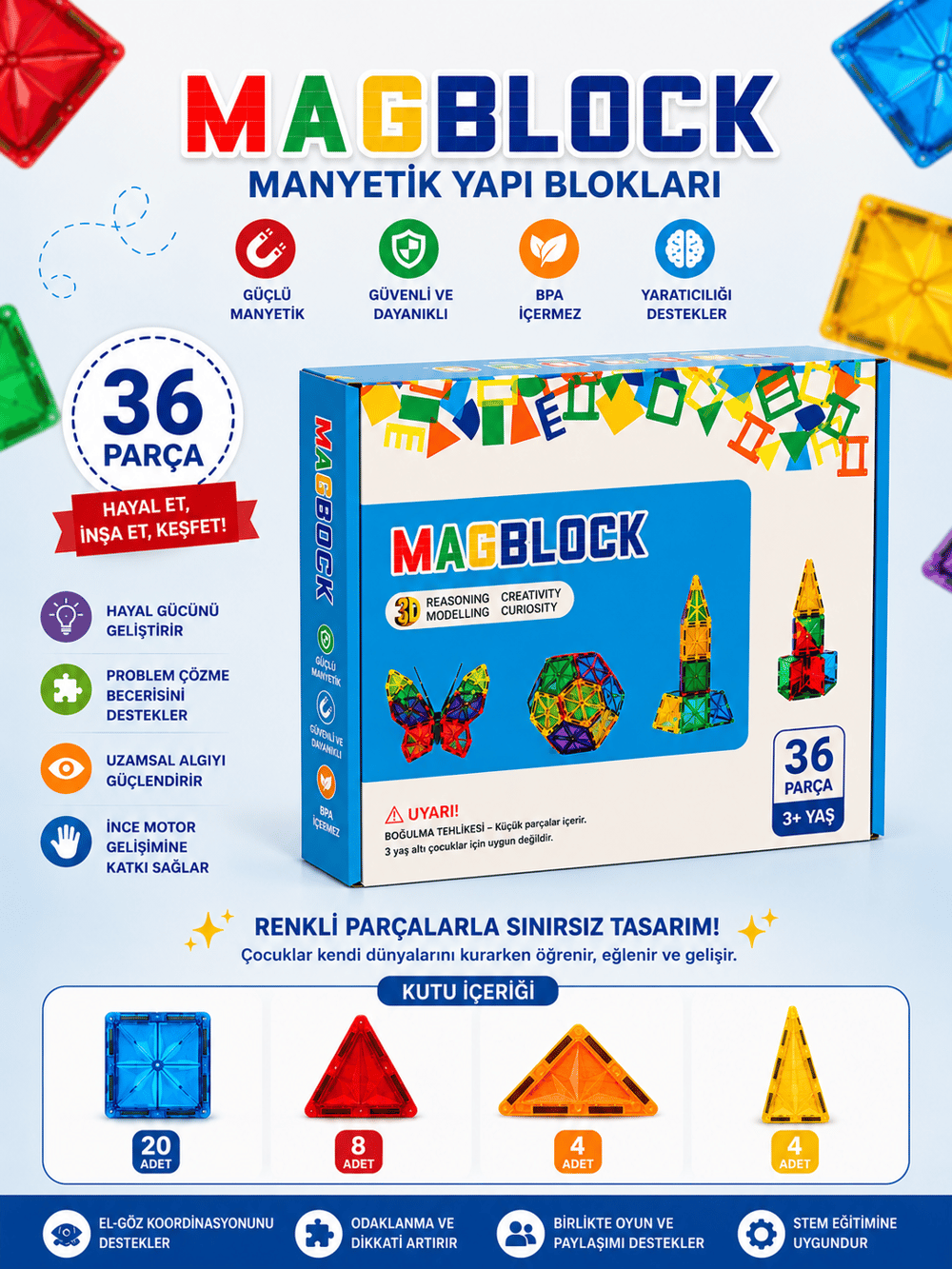 Magblock 36 Parça Manyetik Yapı Blokları - Tamamı Mıknatıslı - Destekleyici Set - Tüm modellerle uyumlu.