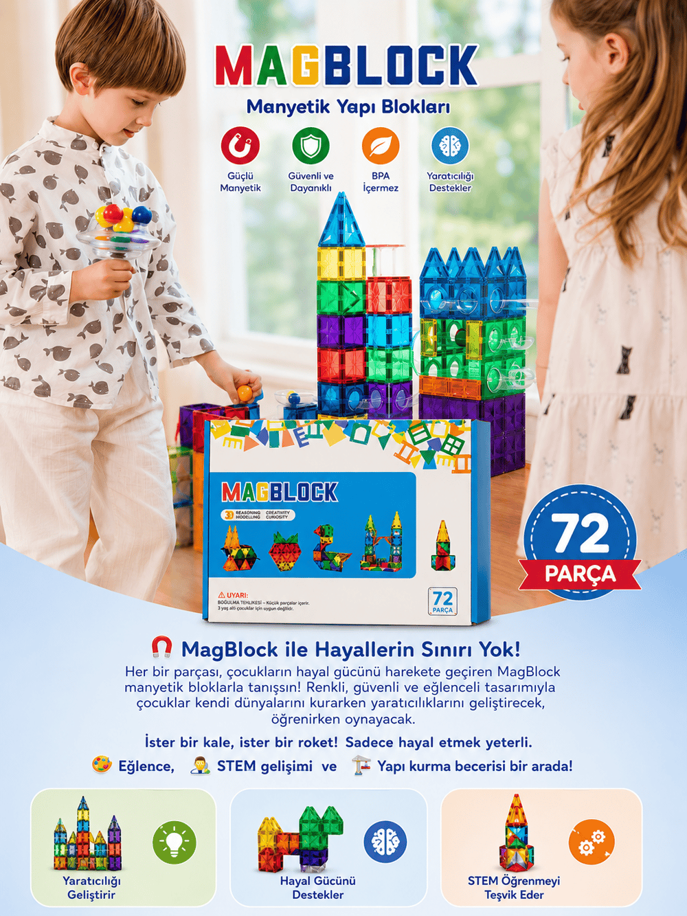 Magblock 72 Parça Manyetik Yapı Blokları - Tamamı Mıknatıslı - Destekleyici Set - Tüm modellerle uyumlu.
