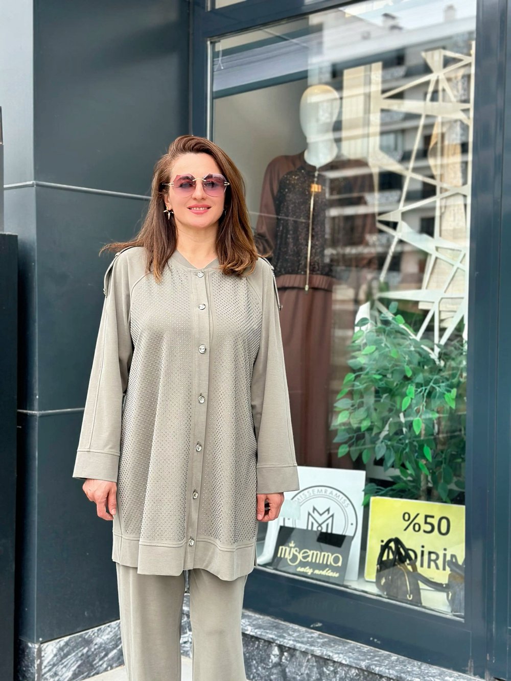 İthal Full Likralı Tencel Kumaş Taş İşlemeli İkili Takım Haki