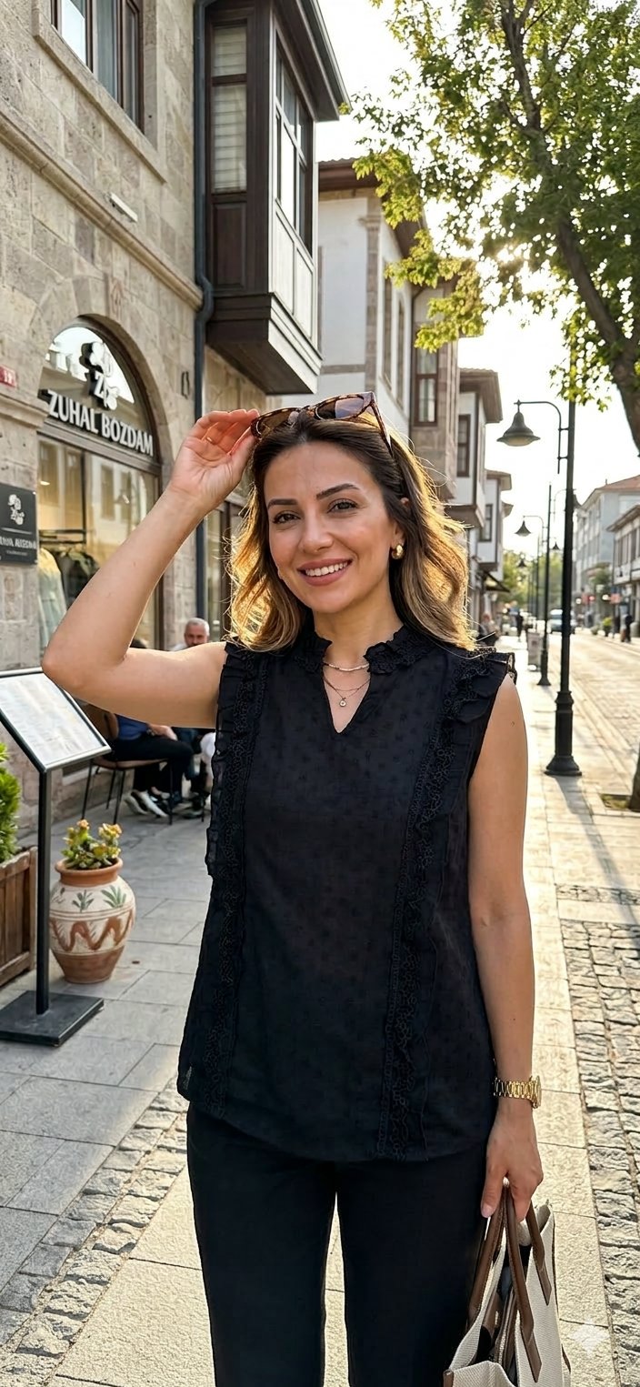 Keten Güpür Detaylı Sıfır Kol Bluz Siyah
