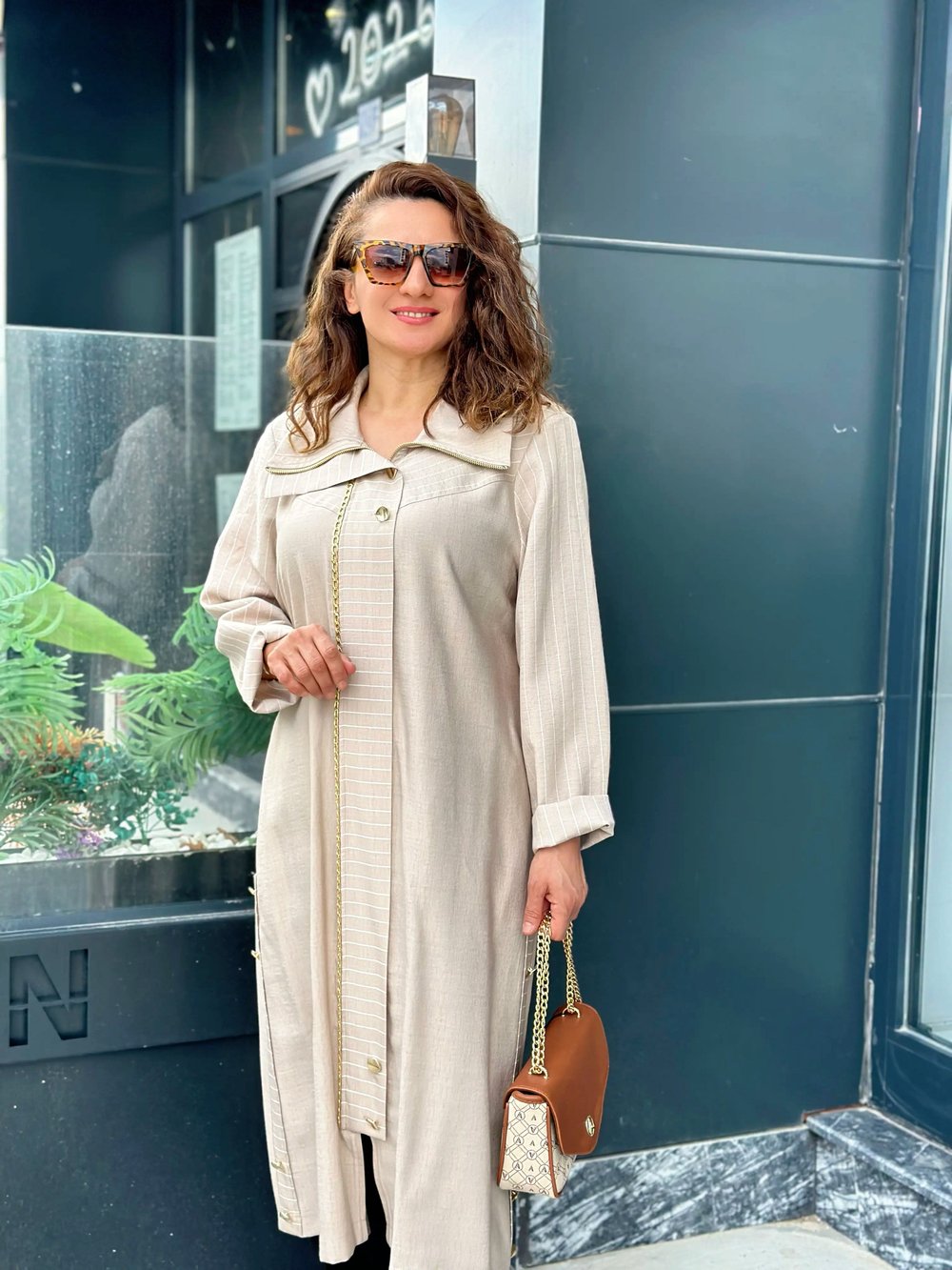 Keten Tencel Fermuar Ve Zincir Detaylı Kap Bej