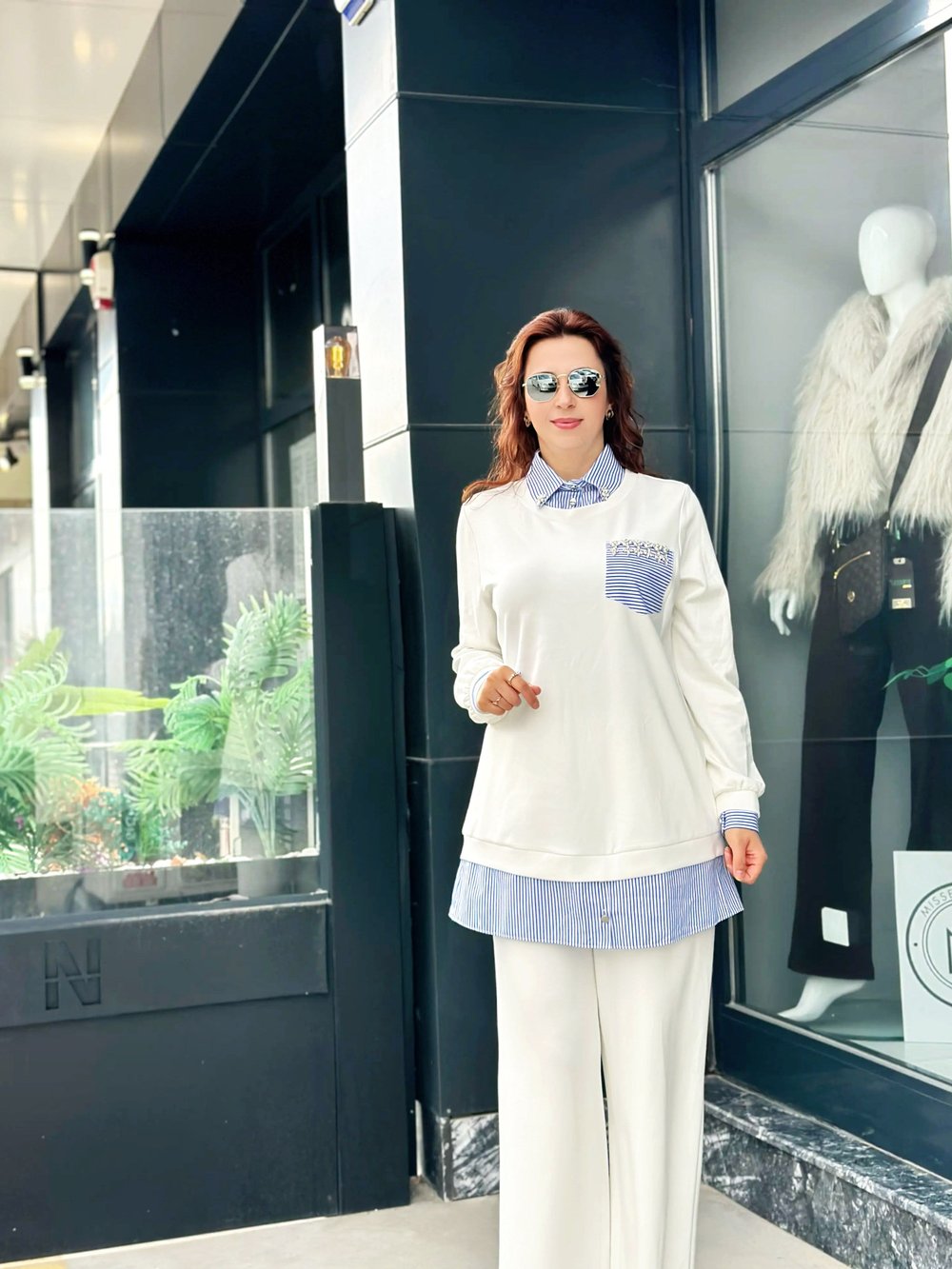 Oysho Kumaş Gömlek ve Taş Detaylı İkili Pantolonlu Takım Ekru