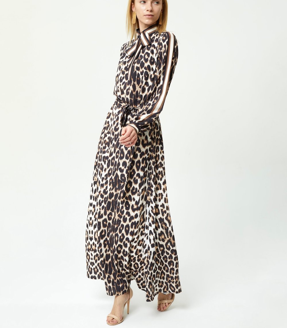 Saten Leopar Elbise Kahverengi