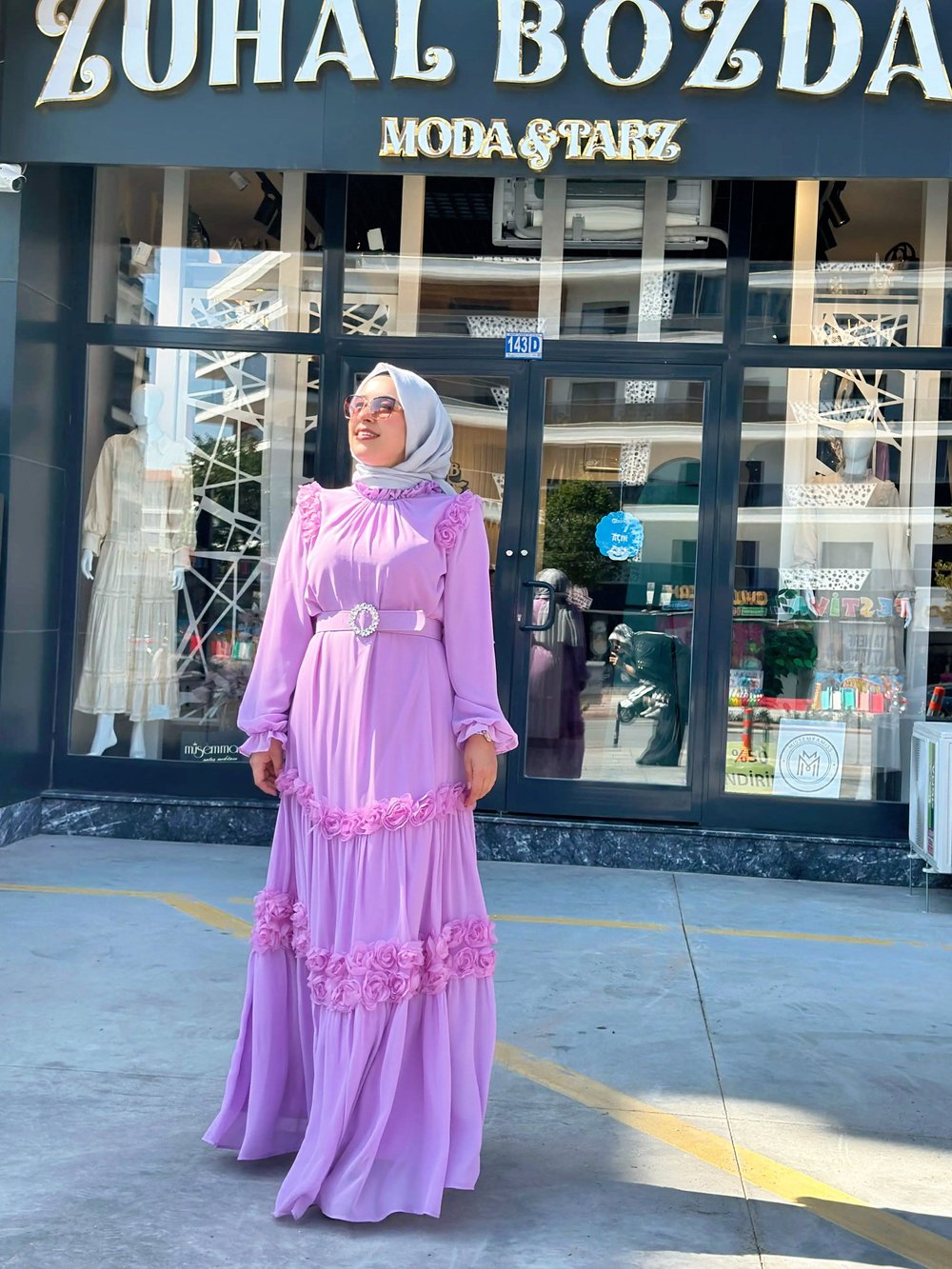 Taş Detaylı Abiye Elbise Lila