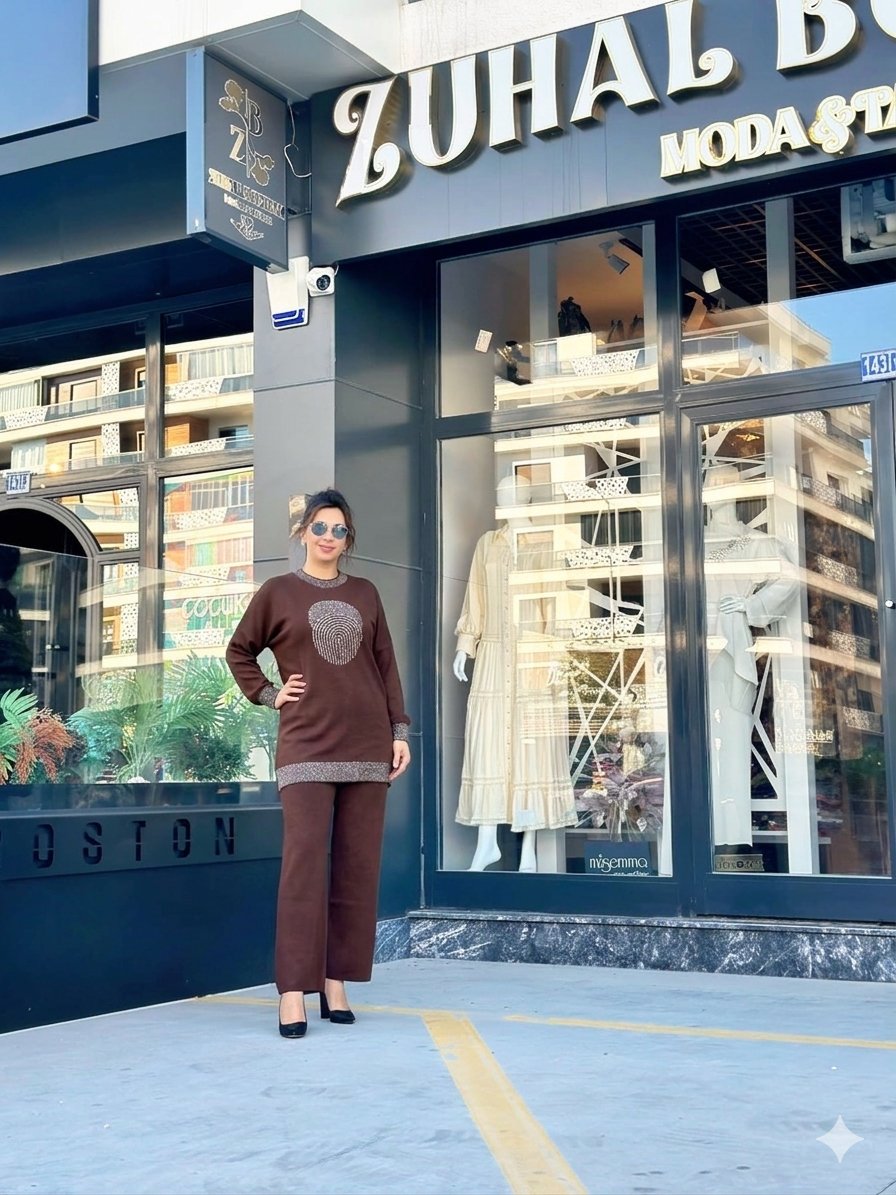 Taş Detaylı Esnek Kumaş İkili Pantolon Takım Kahverengi