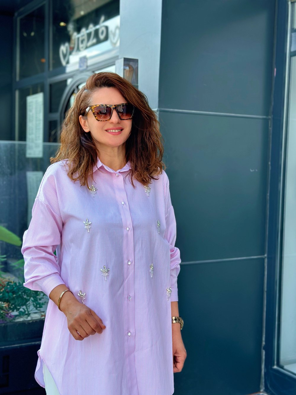 Taş İşlemeli Çizgili Gömlek Pembe