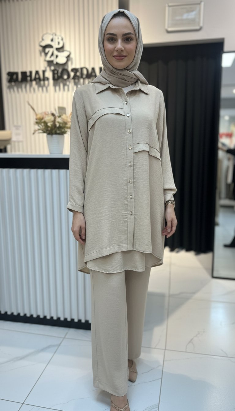 Tencel Taş detaylı Tunik & Pantolon Takım