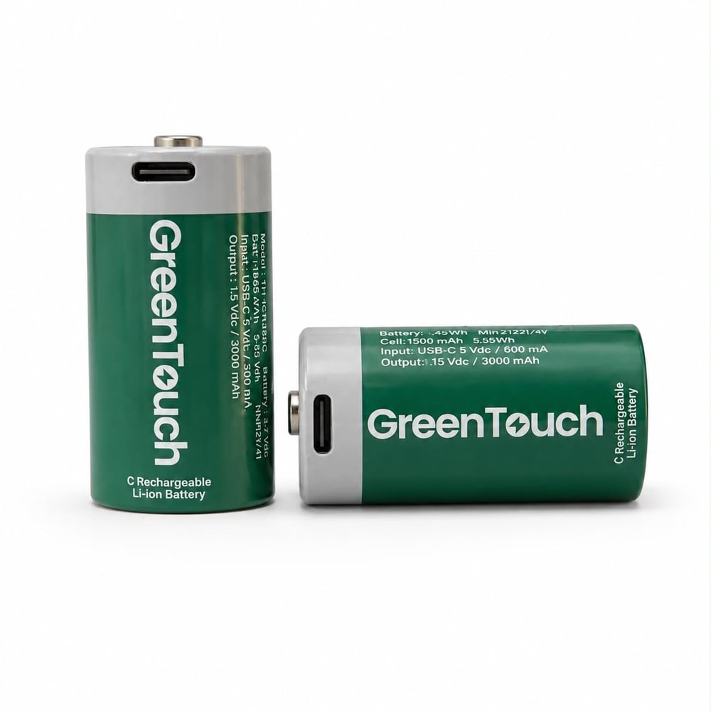 GreenTouch C USB-C Şarj Edilebilir Lityum Pil 6500 mAh 1.5V Sabit Voltaj 2'li Paket | Şarjlı Orta Boy Pil | Çoklu USB-C Şarj Kablosu Dahil