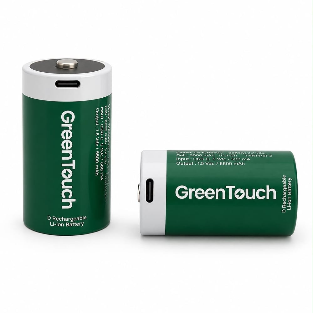 GreenTouch D USB-C Şarj Edilebilir Lityum Pil 6500 mAh 1.5V Sabit Voltaj 2'li Paket | Şarjlı Büyük Boy Pil | Çoklu USB-C Şarj Kablosu Dahil