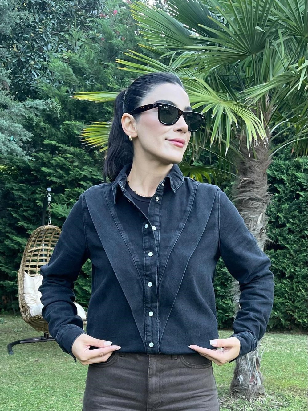 Kendinden Modelli Siyah Kot Gömlek