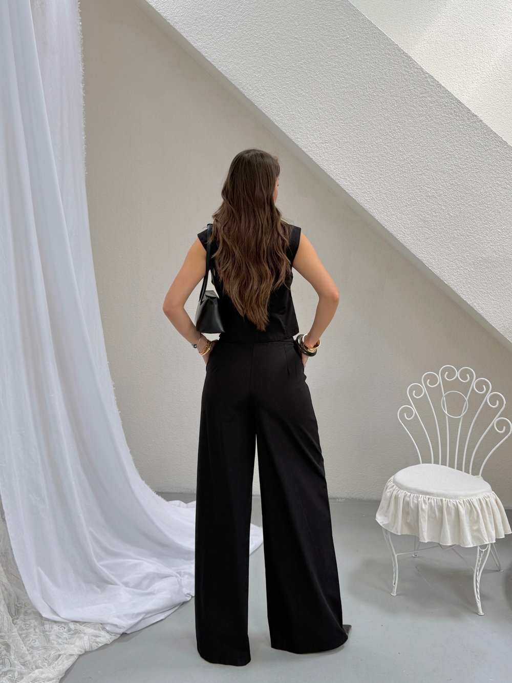 Bukle Siyah Gold Düğme Detaylı Yelek Pantolon Takım 