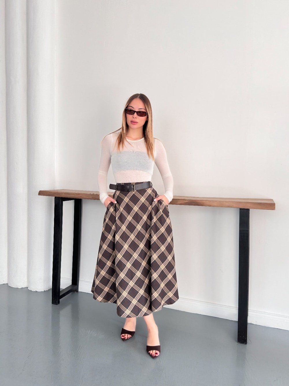 Ekose Desen Baklava Model 2Cepli Kemerli Etek Kahve