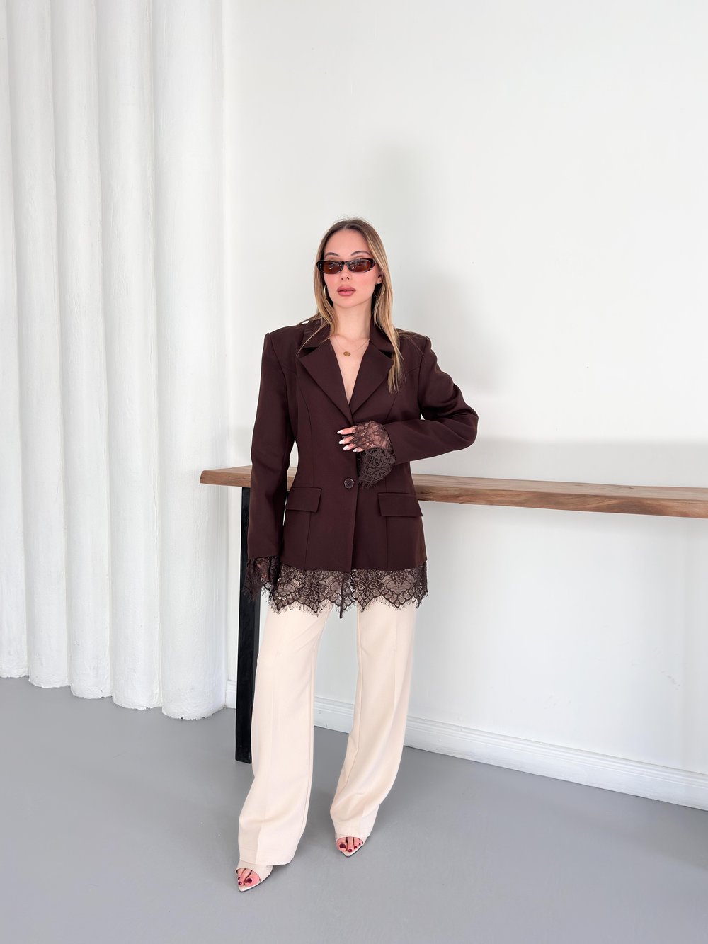Fantoye Bayan Patchwork Dantel Blazer ceket kahve