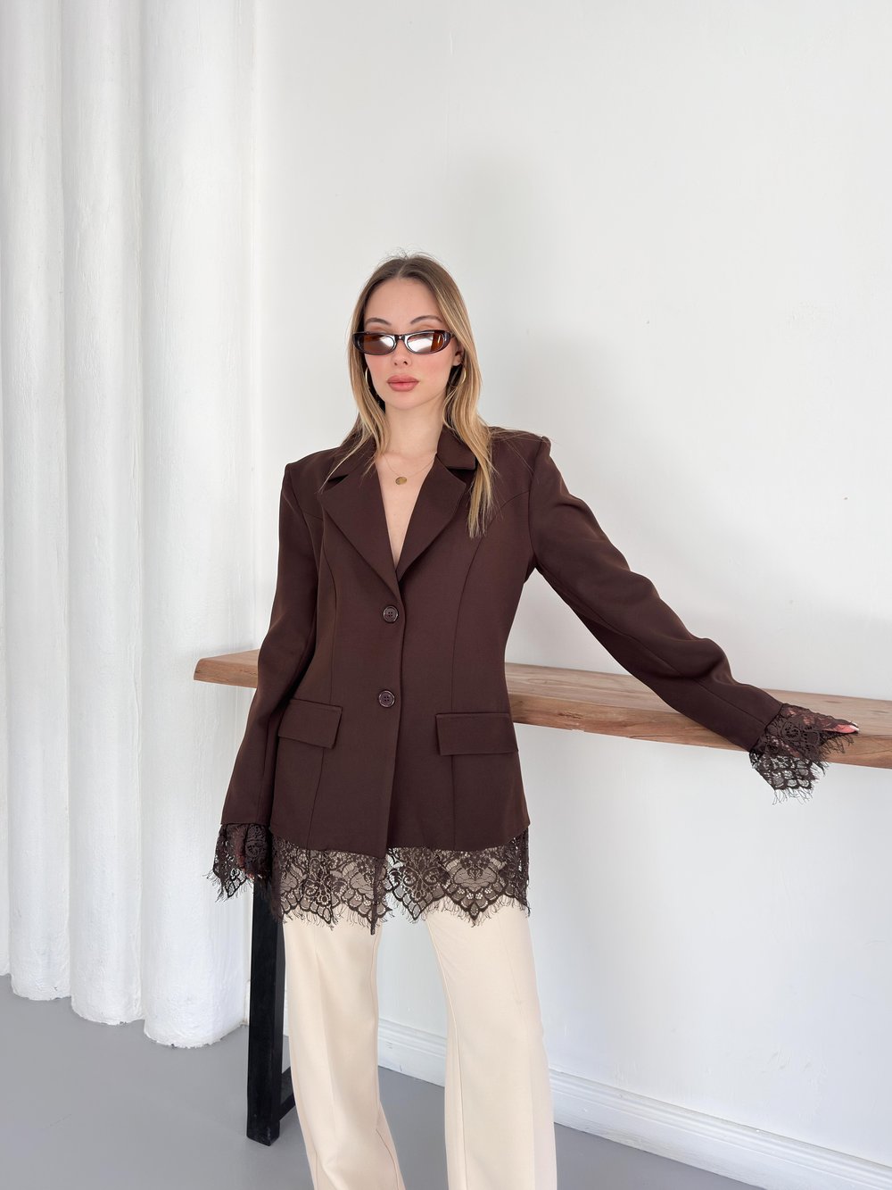 Fantoye Bayan Patchwork Dantel Blazer ceket kahve