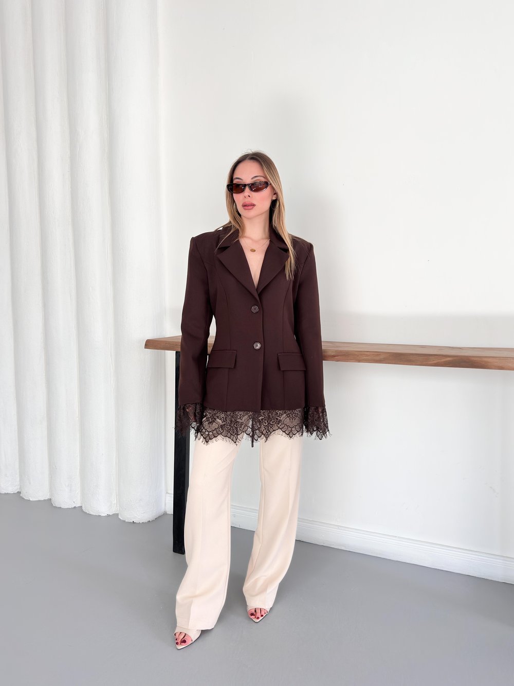 Fantoye Bayan Patchwork Dantel Blazer ceket kahve