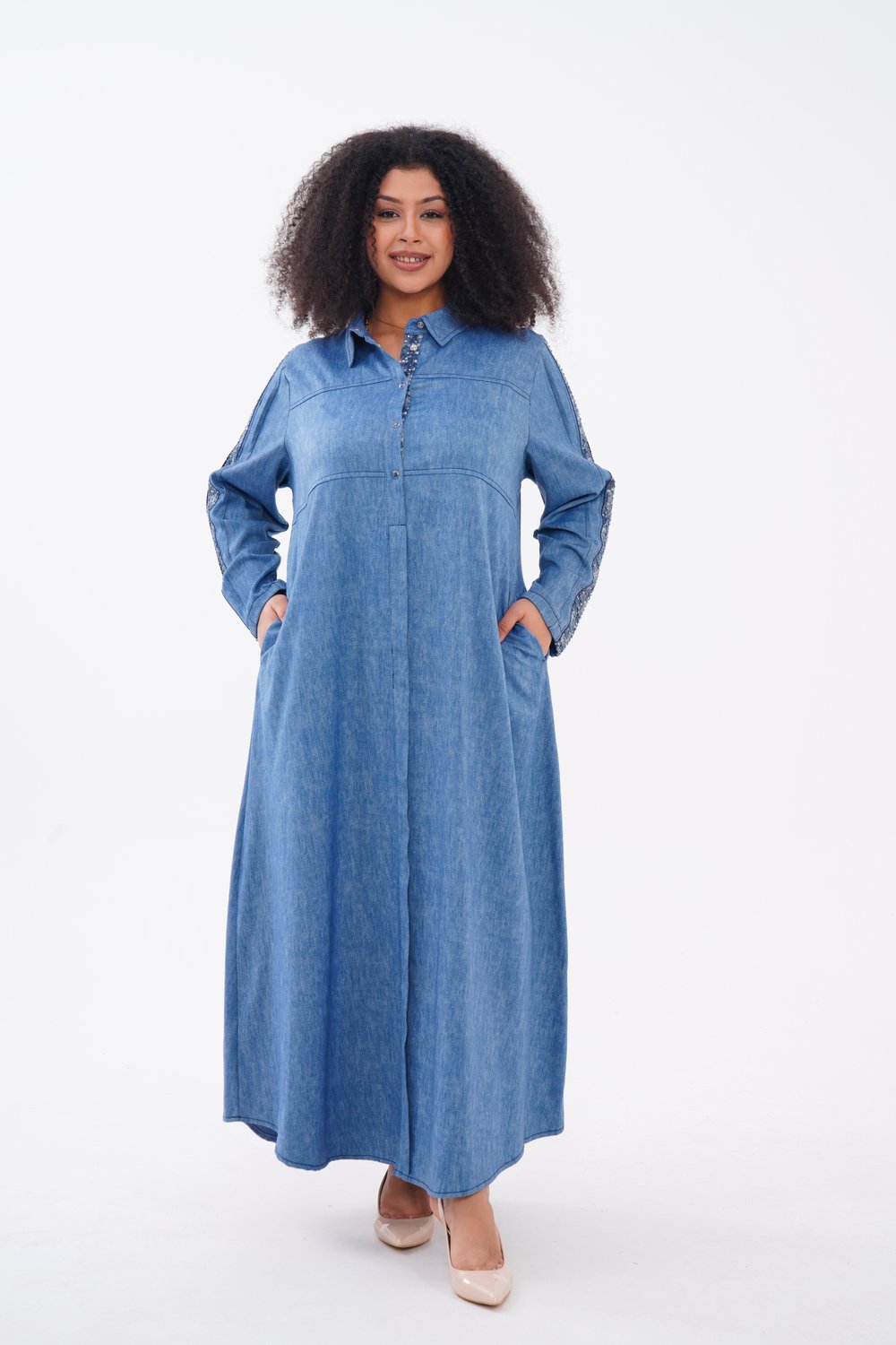 Kol Detaylı Denim Elbise