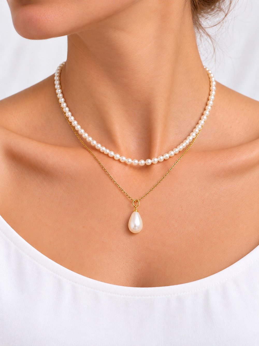 TURKUAZ 14K XUPING ÇİFT KATLI İNCİ DETAYLI DAMLA UÇLU KOLYE 40 + 45 CM