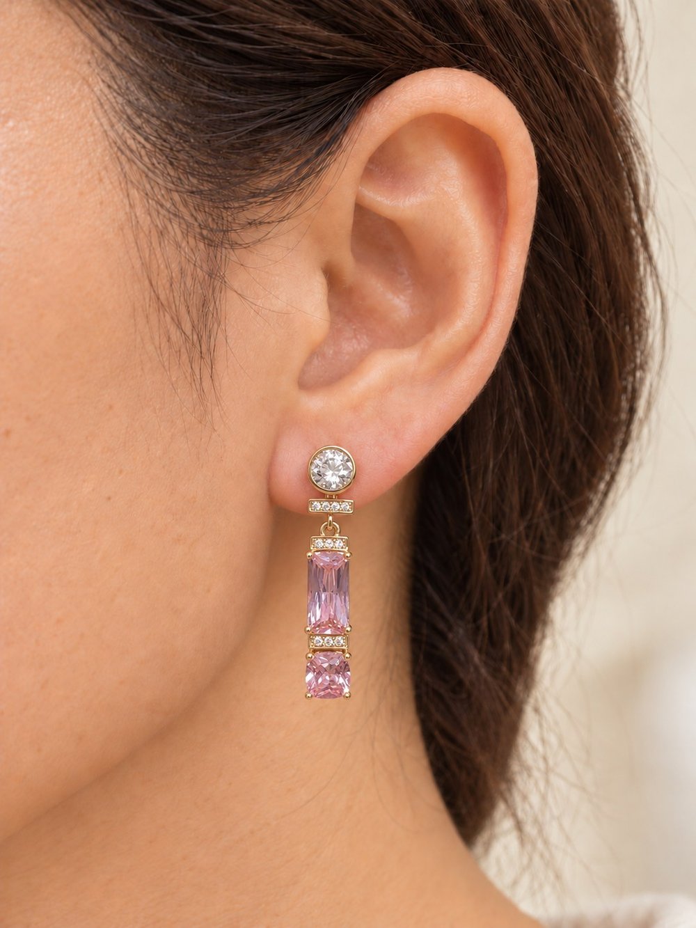 TURKUAZ XUPING 14K PEMBE BAGET SALLANTILI KÜPE