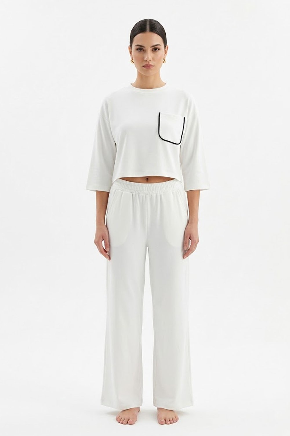 Cix Line Kadın Beyaz Relax Fit Likralı Polyviscon Crop Tişört Ve Geniş Paça Pantolon İkili Takım