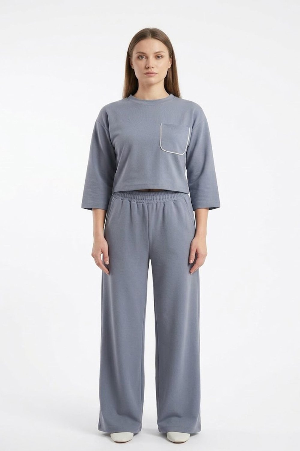Cix Line Kadın Gri Relax Fit Likralı Polyviscon Crop Tişört Ve Geniş Paça Pantolon İkili Takım
