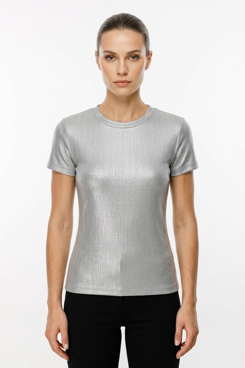 Premium Varaklı Açık Gri Parlak Örme Tişört - %100 Likralı Tam Esnek Bayan Tshirt