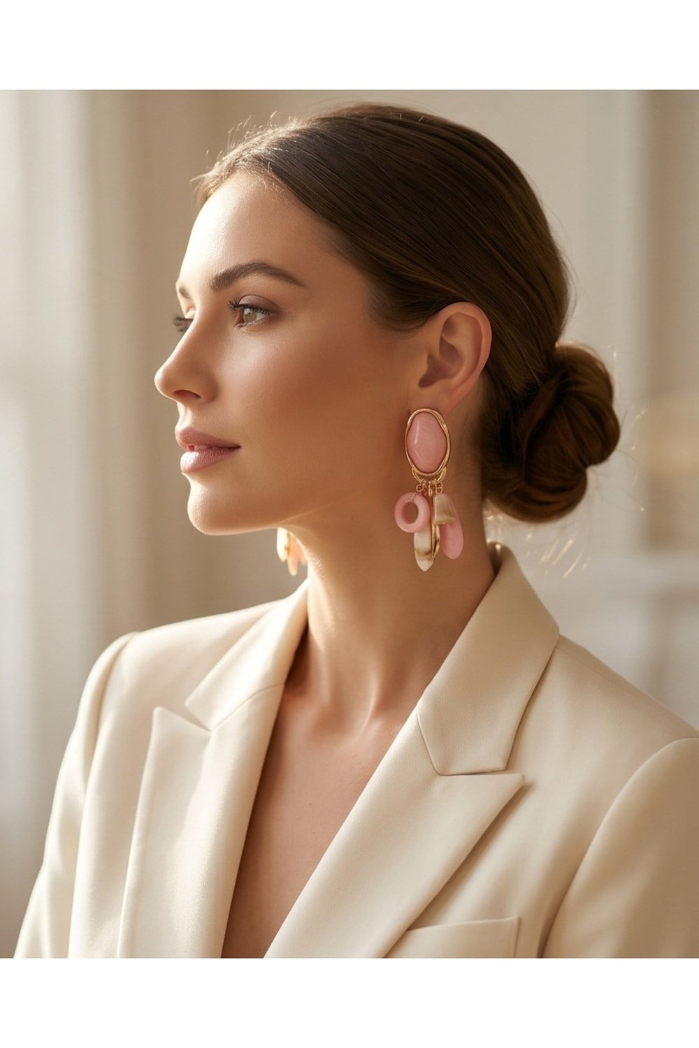Pudra Pembe Taşlı Gold Sallantılı Kadın Küpe