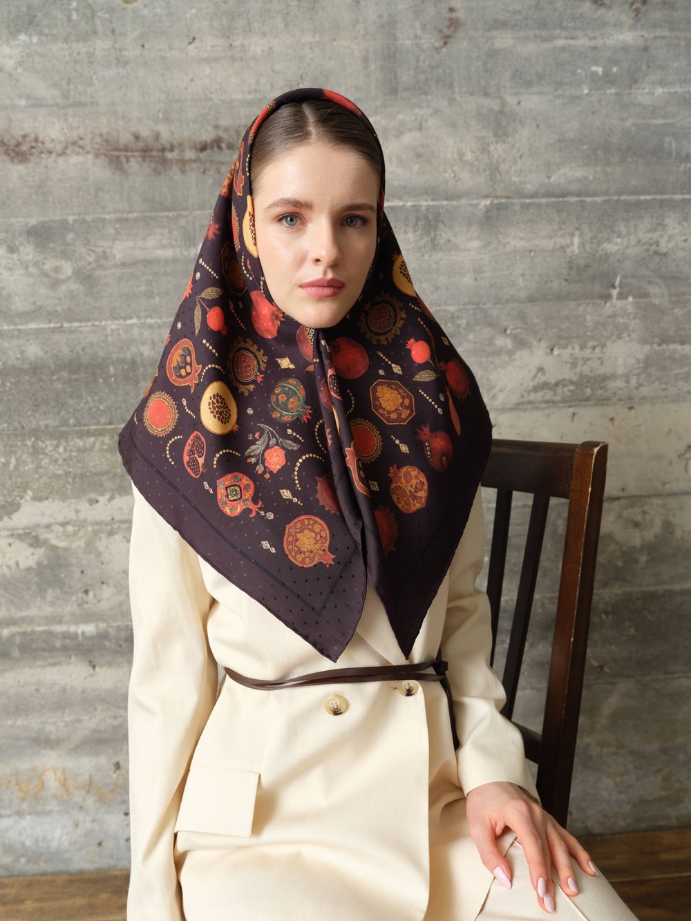 Nar Han Motif %100 Twill İpek Eşarp 90x90 | Han Silk