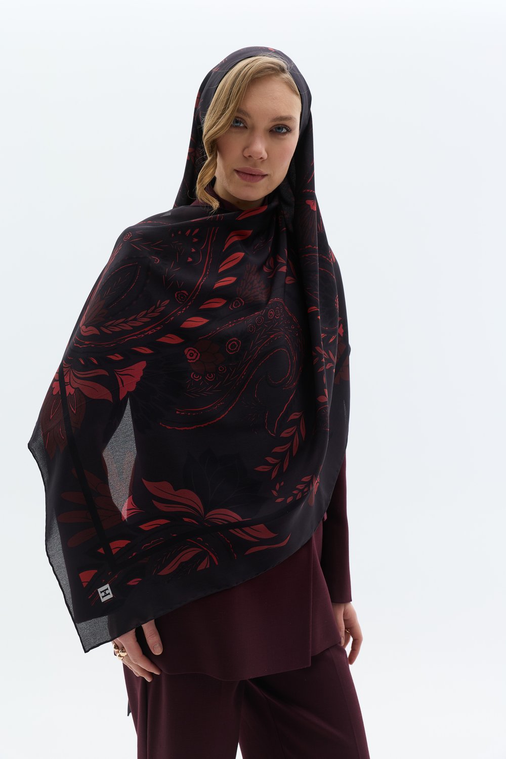 Rouge Paisley %100 Krep İpek Şal 70x190 cm
