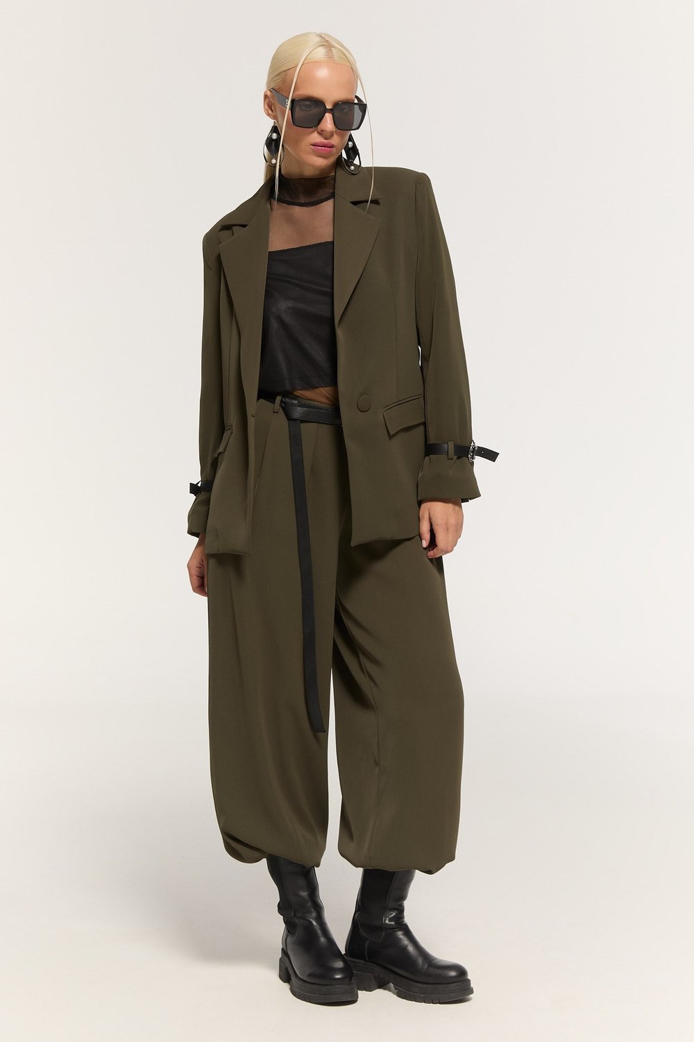 Kadın Haki Kemer Detaylı Oversize Blazer Ceket
