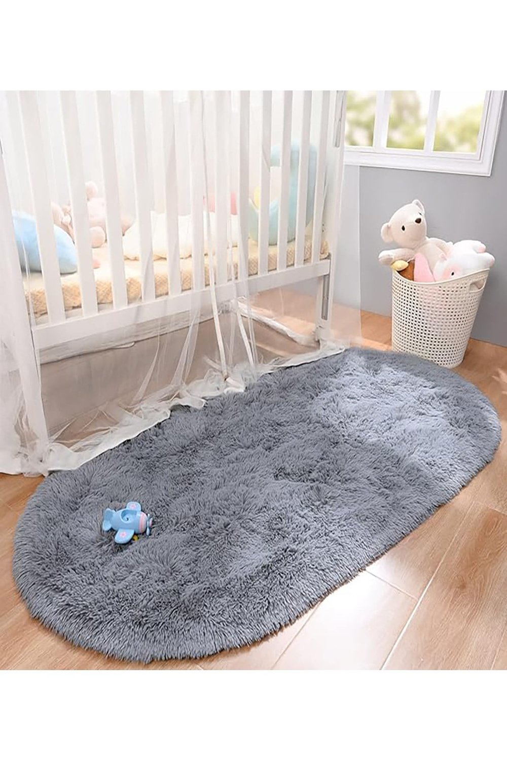 Gri Oval Peluş Post Halı Yolluk Yumuşak Tüylü Puffy Kaymaz Taban Dekoratif Yıkanabilir Modern