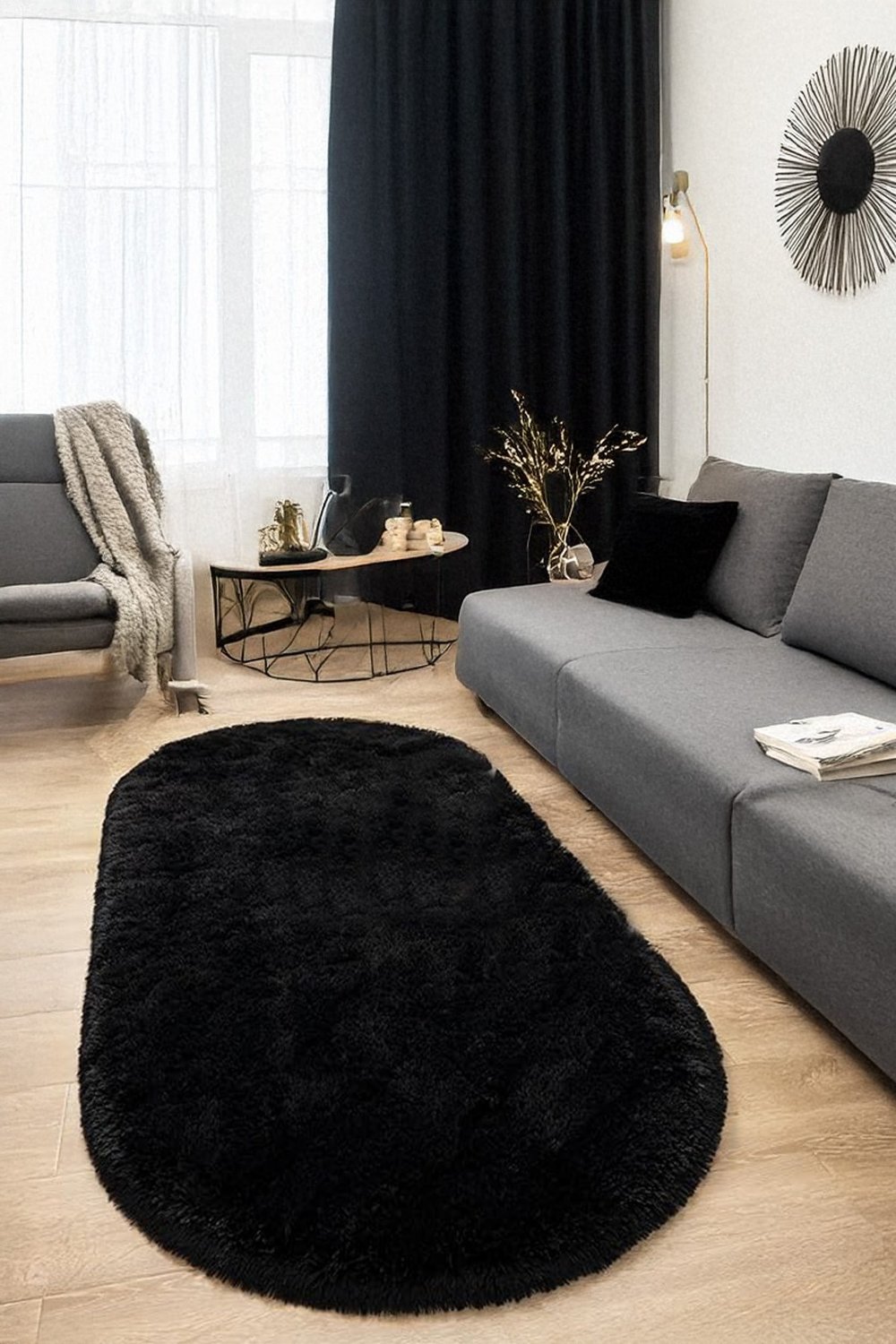 Siyah Oval Peluş Post Halı Yolluk Yumuşak Tüylü Puffy Kaymaz Taban Dekoratif Yıkanabilir Modern