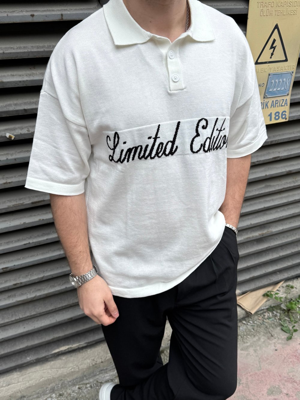 Beyaz Limited Yakalı Triko T-Shirt