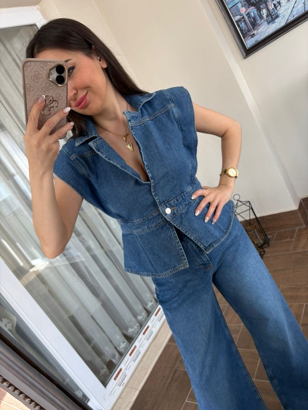 Geniş Omuz Belden Oturtmalı Denim Tasarım Yelek