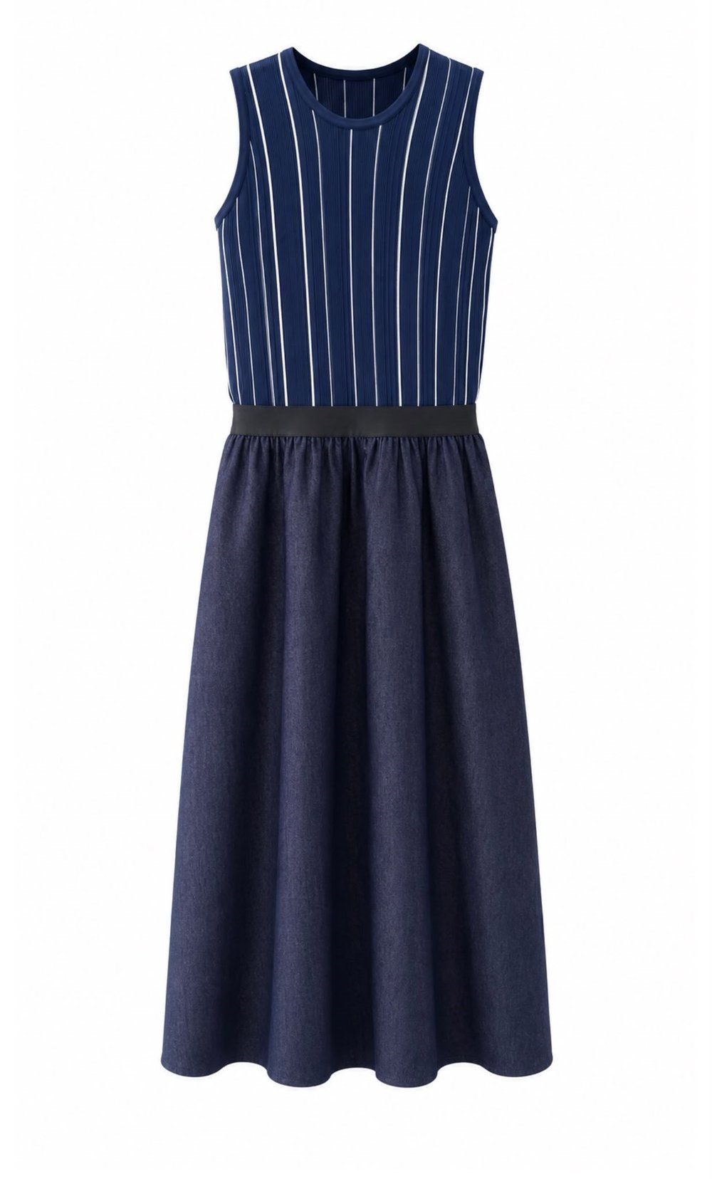 Lacivert Çizgili Çift Parça Görünümlü & Denim Midi Elbise