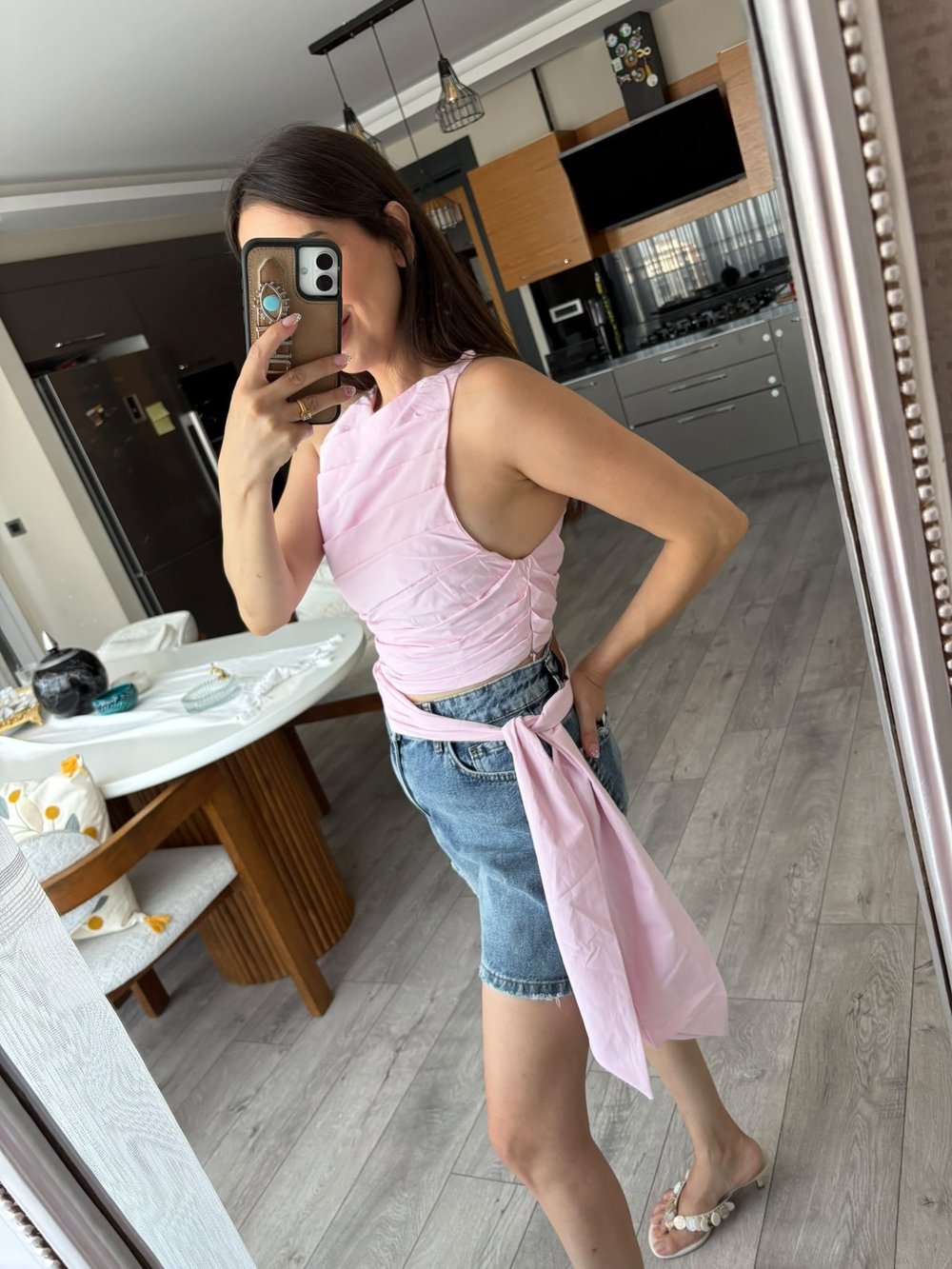 Pembe Önü Drapeli Belden Kuşak Bağlamalı Crop Bluz