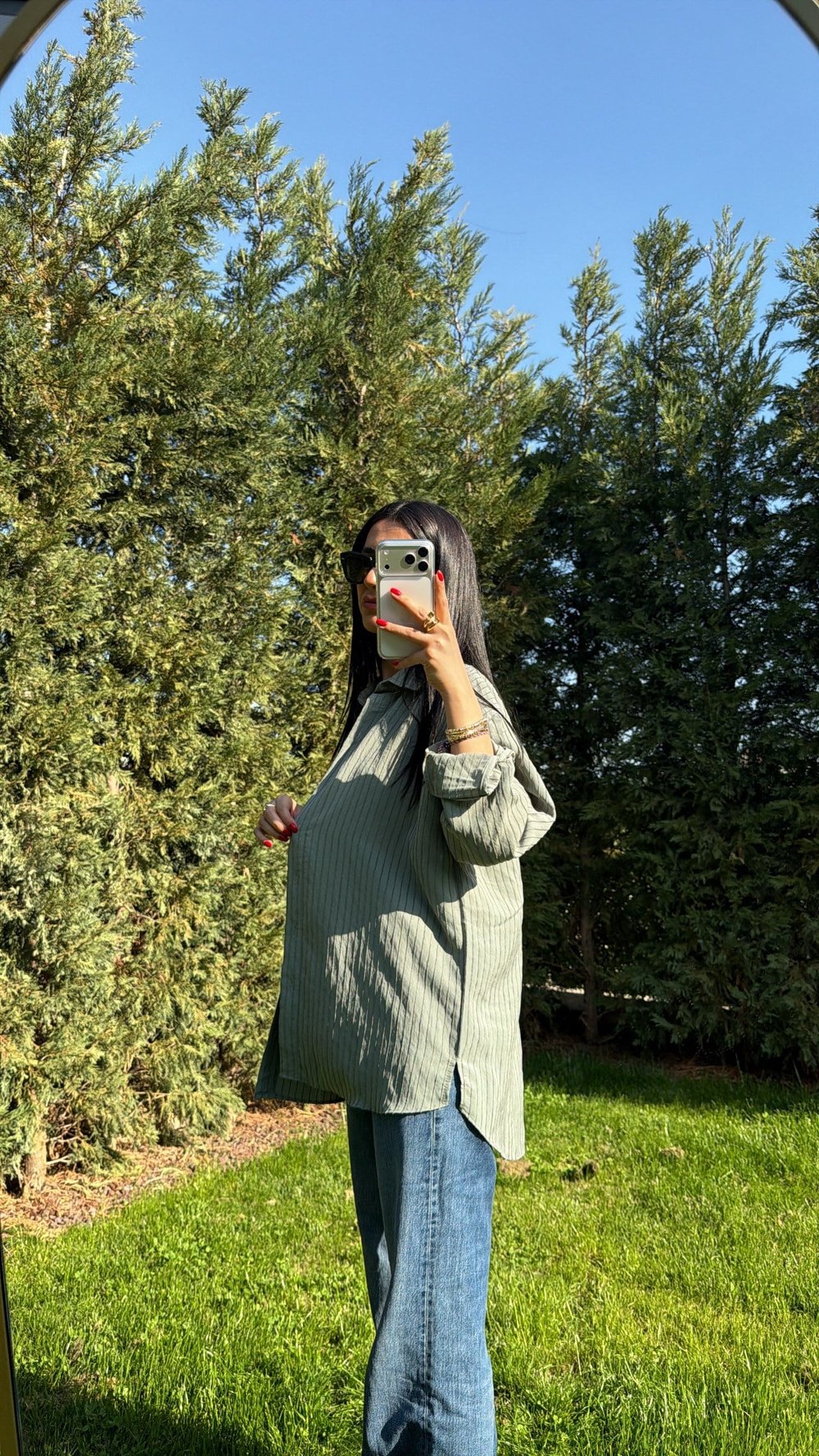 ÇİZGİLİ OVERSIZE GÖMLEK SU YEŞİLİ