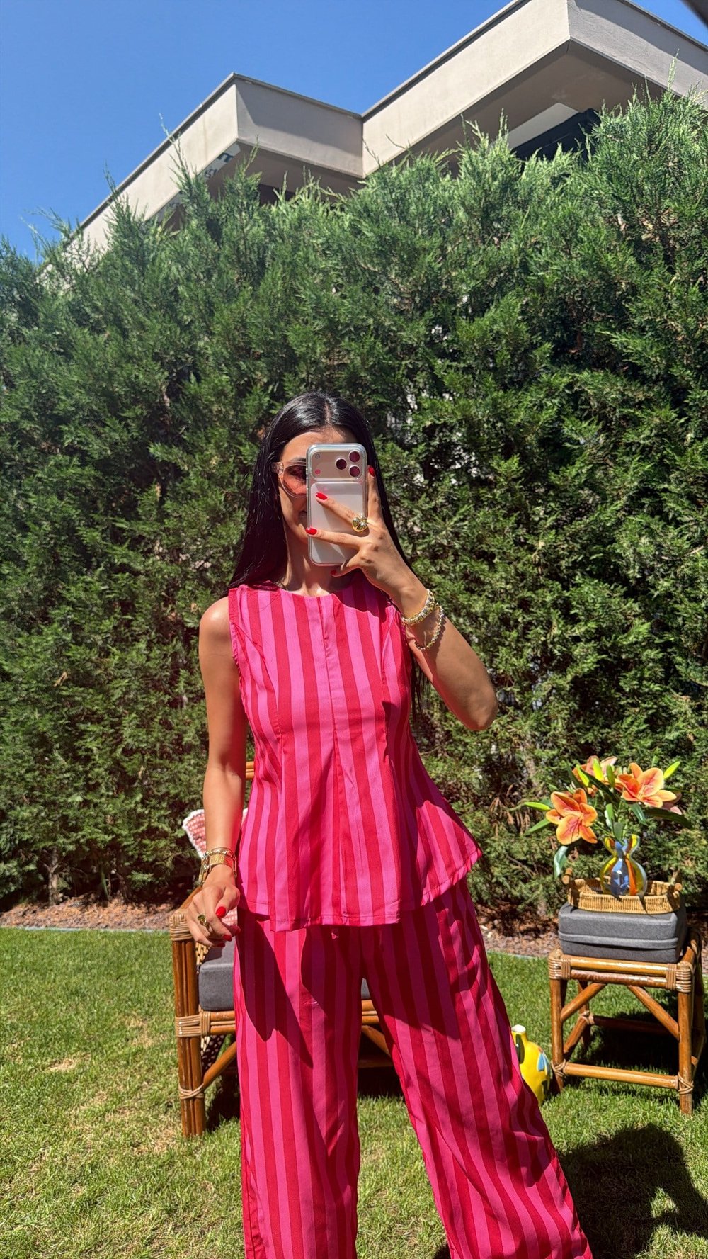 PEMBE ÇİZGİLİ BLUZ TAKIM