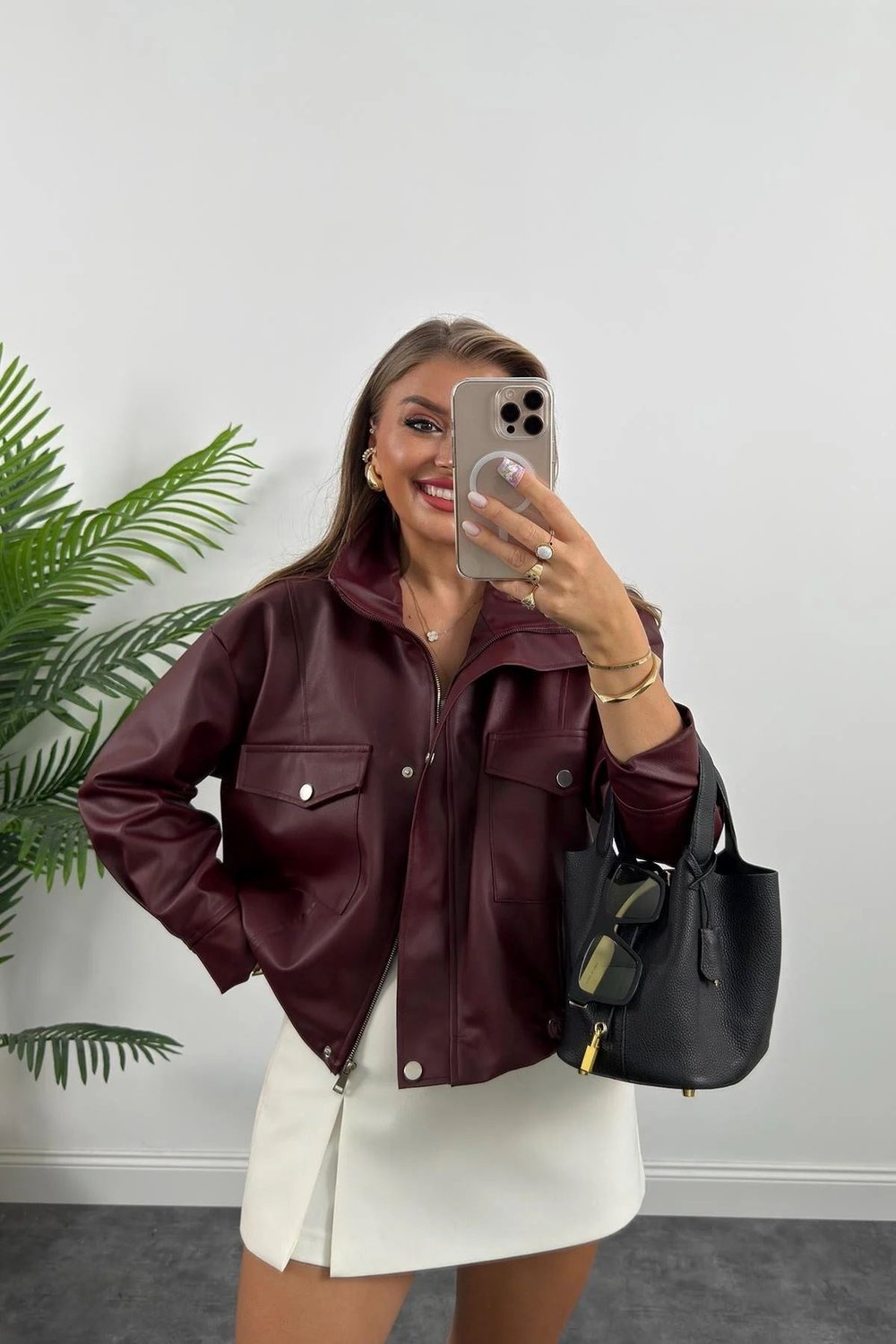 Kadın Bordo Çift Cep Yan Büzgülü Deri Ceket Bordo