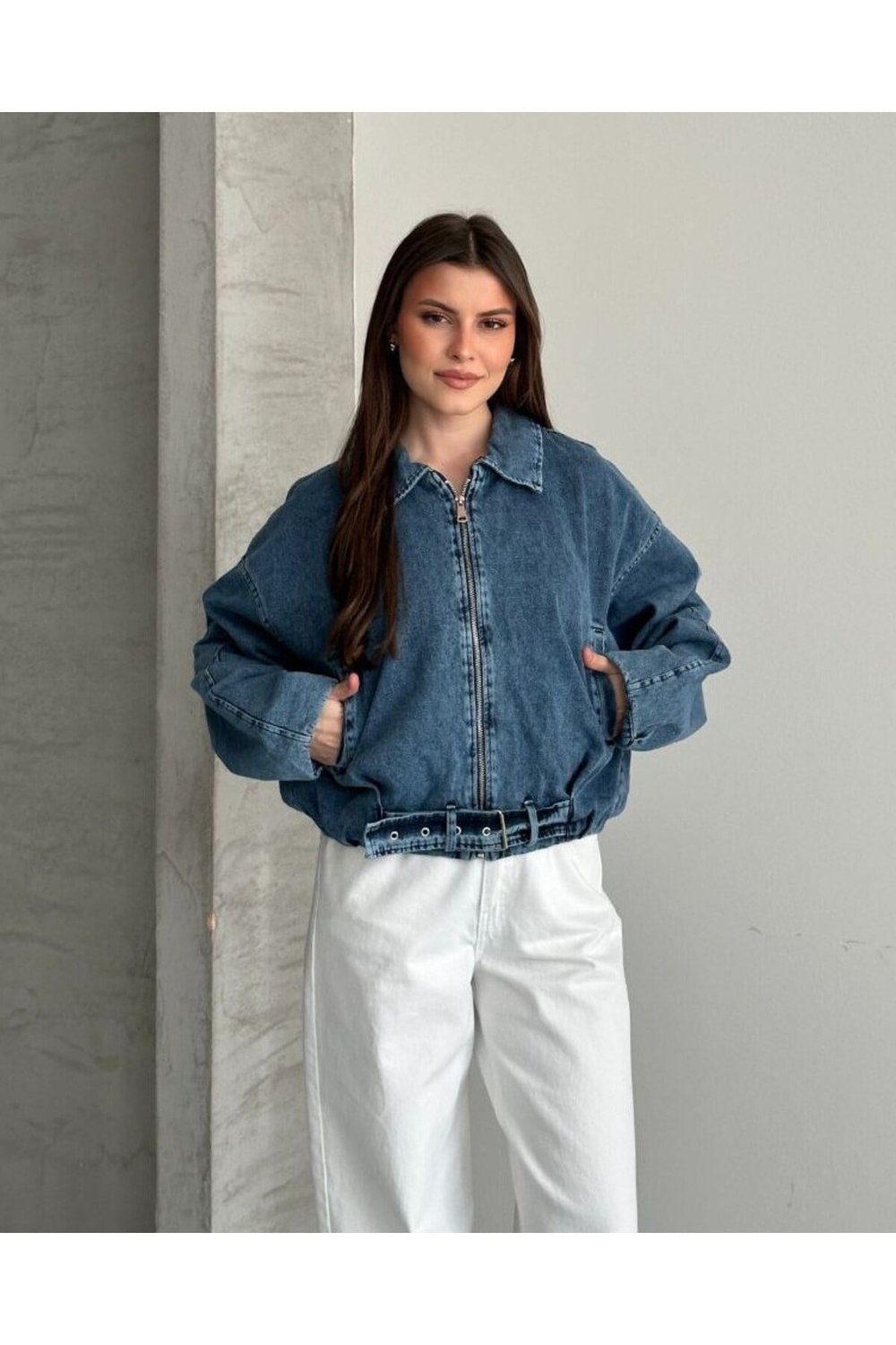 Kemer Detaylı Oversize Jean Kot Ceket
